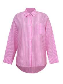 Look Polly 女士爱心印花粉色条纹长袖衬衫，单排扣休闲时尚款，春夏穿着，带口袋设计，返校季必备，复古风条纹衬衫，适合日常休闲和海滩度假穿着。 - 粉色 - 查看 3