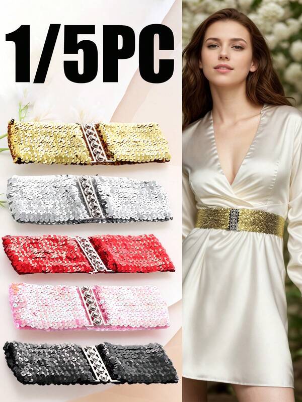 1pc/5pcs Women Mermaid Scale Sequin Elastic Waist Belt, Casual Fashionable, Pair With Dresses, Dance Costumes, Suitable For Nightclub Party, Music Festival, Stage Performance, Cosplay, Holiday Gift