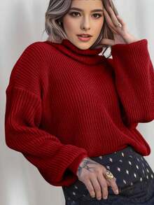 Women's Cold Weather Blouse Turtleneck Knitted Sweater - 紅色 - 查看 2