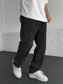 Premium Minimalist Versatile Straight-Leg Washed Jeans With Drawstring Elastic Waist, Casual Pants For All Seasons - Black - View 5