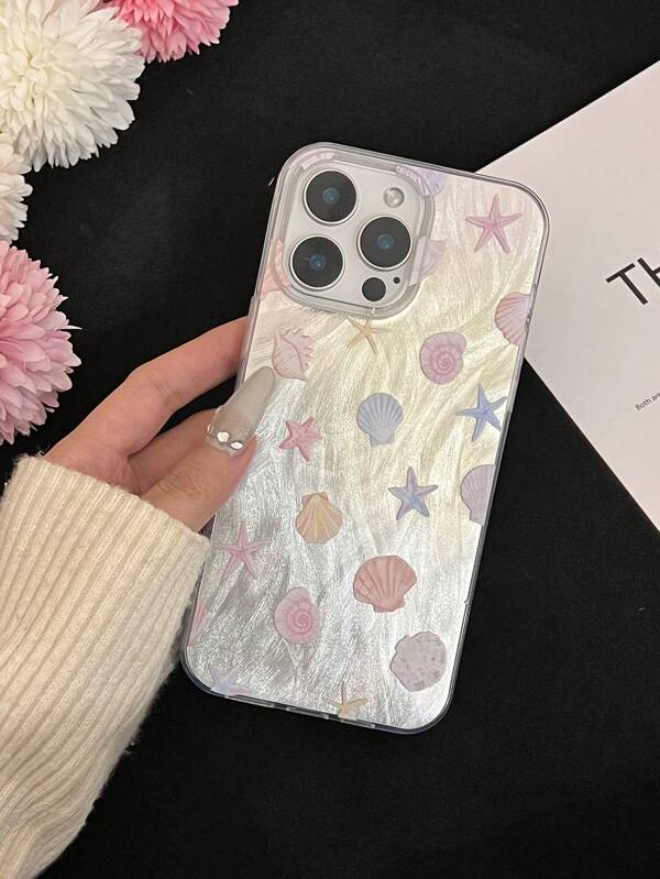 New Model Large Perforation Featherlike IMD Gradient PC+TPU Combination Shiny Ocean Elements Starfish Seashell Painting Anti-Drop Phone Case Fit For IPhone 16/11/16pro/16plus/16promax/16e