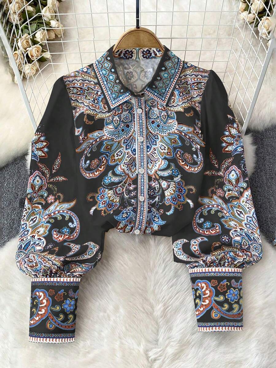 Women's Bohemian Style Printed Shirt Collar Vacation, Elegant Women's Apparel, Festival Clothing, Turndown Collar Cardigan Long Sleeve Blouse - Black - View 1