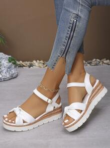 Grandes tailles croisées États-Unis 6-9 Nouvelles sandales compensées blanches plates-formes mode décontractée d'été, sandales blanches simples à enfiler pour le port quotidien en extérieur avec bout ouvert pour dames