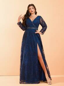 Plus Size Anpokt V-Neck Embroidered Lace Trim Long Sleeve Flared Hem Evening Dress, Formal, Party Dress, Gown, For Wedding Guest - Royal Blue - View 1