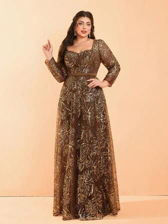 加大码 Mgiacy 甜心领刺绣亮片串珠长袖喇叭下摆高端晚礼服、正式礼服、派对礼服，适合婚礼宾客