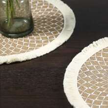 4/6/8 runde Tischsets mit Quaste, Wärmeisolierung, Party-Dekor, Tisch-Akzent im Restaurant, bedrucktes Wellenmuster, Boho-Stil, Jute-Material, waschbar, für alle Jahreszeiten geeignet, schützt Tischplatte, Besteck, Getränke, Desserts, Zuhause, Hochzeit, Restaurant-Dekoration.