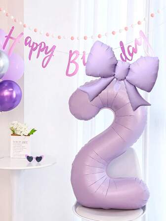 2pcs 40-Inch Cream Purple Number Balloon Set, Matte Purple Bow Foil Balloons For Birthday Party, Anniversary Decoration