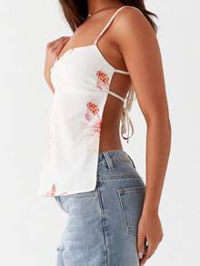 Women's Tie Backless Cami Tops Sleeveless Spaghetti Strap Floral Print Camisole Tank Tops - 粉色 - 查看 5