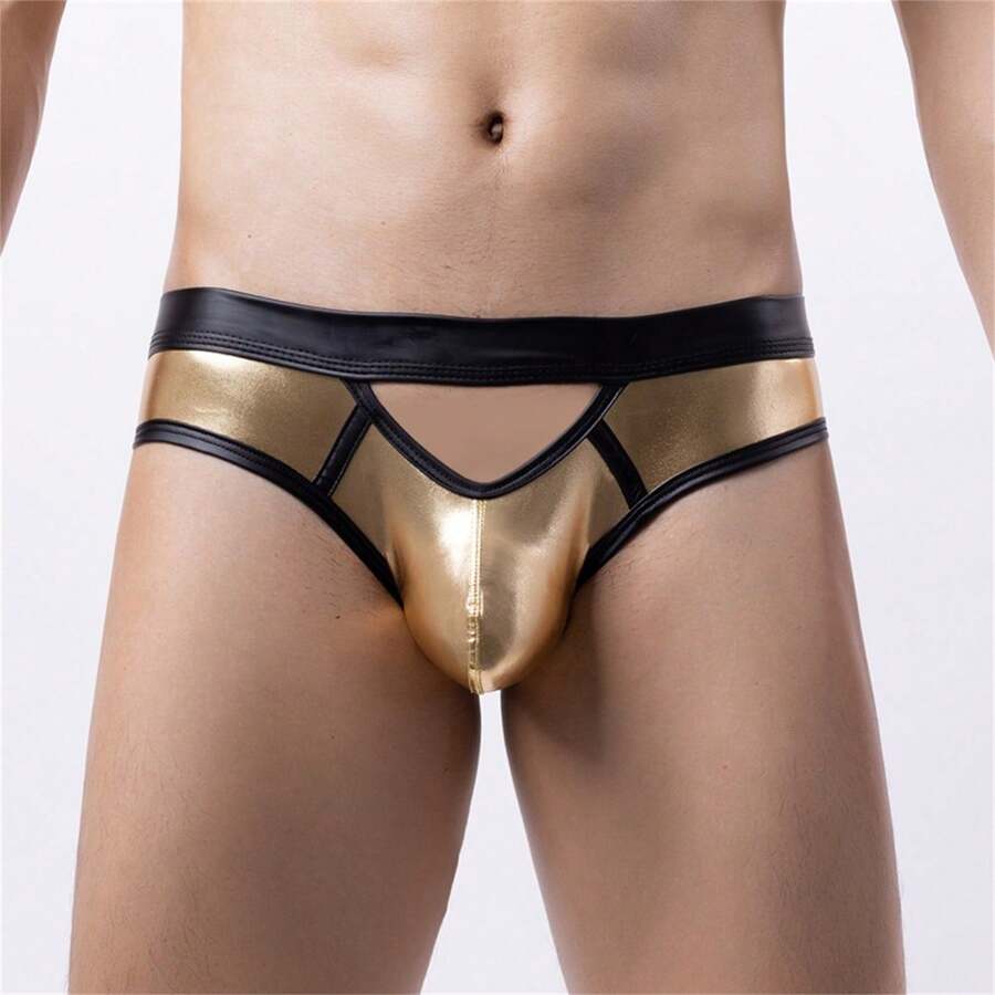 Bikini hombre triángulo sexy recubierto, calzoncillos de color block bragas de tiro bajo - Dorado - Ver 1