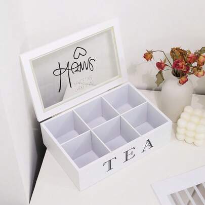 Medium Wooden Tea Storage Box With Wooden Clear Top Window And 9-Grid Tea Bag Rack Multi-Function Storage Box