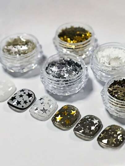 1/6片装美甲亮片饰品，扁平五角星亮片，多色小香型，搭配指甲油胶水使用，用于美甲DIY创作，闪亮华丽的INS风、Y2K风装饰，美甲