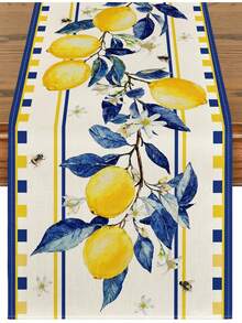 Taplak Meja Musim Panas Motif Pohon Lemon & Lebah, Dekorasi Meja Dapur dan Ruang Makan Musiman untuk Pesta di Rumah dan Dalam Ruangan - Biru - View 1