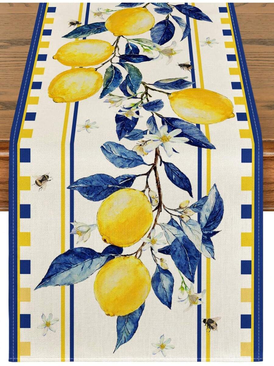 Taplak Meja Musim Panas Motif Pohon Lemon & Lebah, Dekorasi Meja Dapur dan Ruang Makan Musiman untuk Pesta di Rumah dan Dalam Ruangan - Biru - View 1