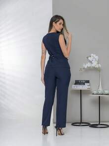 Plain Elegant Vest And Dress Pants Set C3302 - Azul Marino - Ver 4