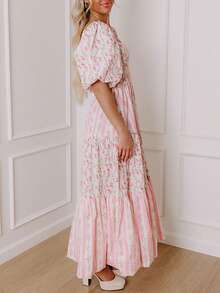 Women's Floral Print Patchwork Pleated Dress With Bubble Sleeves And Square Neck Casual Loose Dress - 粉色 - 查看 4