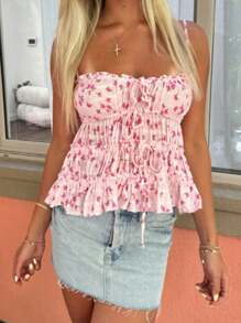 Women Summer Camisole Casual Floral Print Ruched Spaghetti Straps Tank Tops Sleeveless T-Shirt For Club Streetwear