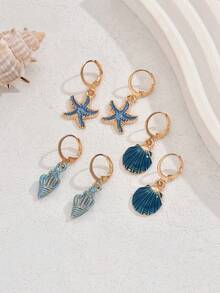 3 对海星、贝壳、蜗牛形油滴耳环套装，女士可爱海滩度假珠宝套装