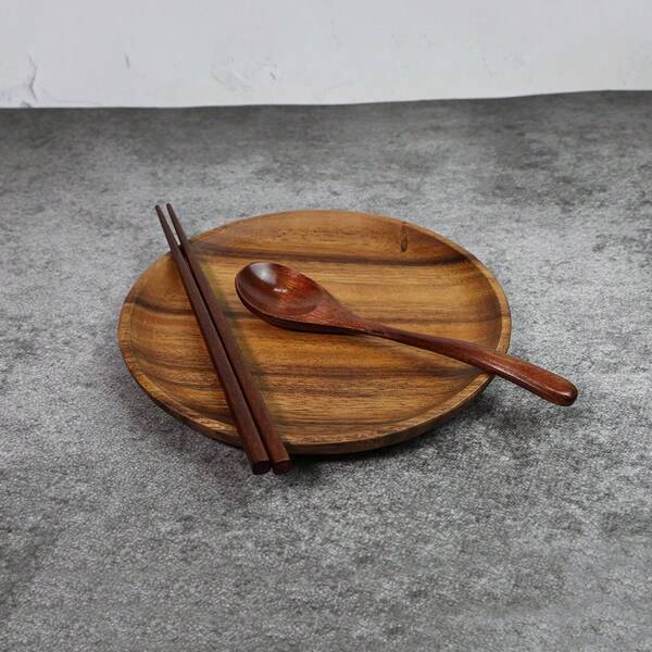 3pcs Set: 1pc Plate + 1pc Spoon + 1pc Fork / 1 Pair Chopsticks, Rosewood Retro Style Plate, Small Dish, Round Snack Plate, Wooden Kitchenware Set,School Supplies