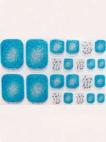 Summer Women's Travel Outfit Nail Art, Simple Ocean Blue Toe Gradient Shell Silver Foil 3D Rhinestone Beach Design 22pcs Foot Nail Stickers - 彩色 - 查看 2