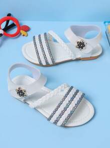 1 Pair Summer Girls Woven Sandals, Casual Fashion Versatile, Flat Beach Strap Princess Shoes, Very Soft Material, Suitable For Daily, Vacation, Travel