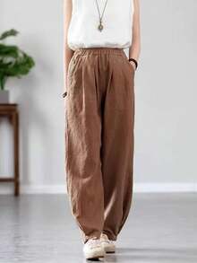 Loose High Waisted Wide Leg Lantern Pants, Slimming Effect - Khaki - View 3