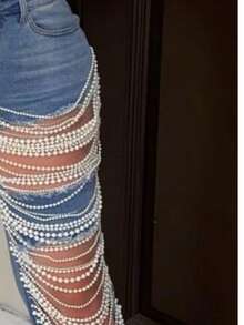 Women's Light Blue Mid Waist Casual Sexy Straight Leg Pants, Fashionable Perforated Pearl Chain Decoration, Suitable For Nightclubs, Dances, Nightclubs - 淺藍色 - 查看 3
