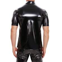 Men Glossy PU Leather Short-Sleeved Shirt Erotic Shaping Sheath Casual Coat Male Shiny Metallic Leather Tops Sexi