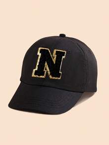 1 pieza Gorra de béisbol negra sólida con decoración de letras para niños/niñas de 1 a 5 años, gorra Snapback clásica para niños para el uso diario casual en primavera y verano - Negro - Ver 51
