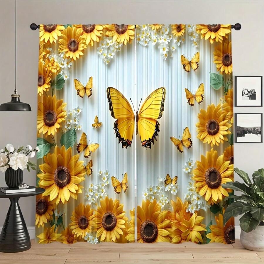 2 Stücke Vintage Frühlings Blumen Vorhang Set, mit Sonnenblumen & Schmetterlingen, aus strapazierfähigem Polyester, geeignet für Küche, Café, Wohnzimmer und Balkon (Stangen nicht enthalten)