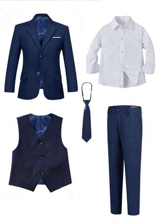 Tween Boy Suits 5-Pieces Suit Set Tuxedos Dresswear Ring Bearer Outfit Wedding Blazer Vest Pants Shirts Tie Formal Suits, Navy Blue Size 6-16Y