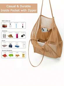 1 件时尚可折叠女士沙滩手提包 - 大容量透明网眼单肩包，带拉链和腕带，耐用牛津布，适合旅行、购物和度假必需品 | 轻巧宽敞的设计，沙滩包 - 彩色 - 查看 8