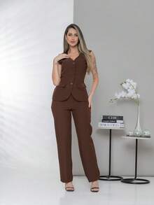 Plain Elegant Vest And Dress Pants Set C3302 - 巧克力棕 - 查看 8
