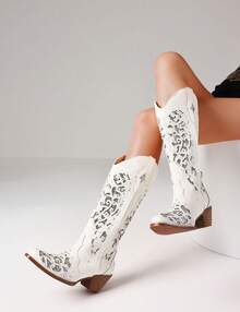 Women's Wedge Heel Boots Pointed Toe Pull-On Retro Boot Low Chunky Heels Western Side Ankle Boots Mid-Calf Outdoor Summer Spring Shoes - 白色 - 查看 5