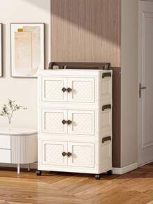 1pc 45cm/17.71inch Wide Folding Storage Cabinet With Magnetic Double Doors & Wheels, Large Capacity Organizer For Clothes, Quilts, And More - Perfect For Home, Bathroom, Office, Or Holiday Gifts, Bathroom Organizer | Rustic Finish Cabinet | Durable Organizer, Closet Organizers And Storage, Under-Bed Storage - Beige - View 11