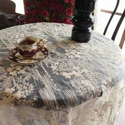 French Style Floral Embroidered Lace Tablecloth - Machine- Polyester Rectangular Table Cover For Weddings, Bridal Showers, Valentine's Day & Home Decor, Elegant Romantic Party & Event Supplies, Wedding Table Decorations, Wedding Table Setting, Hawaiian Themed Decor, Intricate Table Design