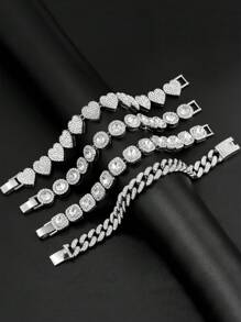 1 Stück/4 Stücke Hiphop Armband für Herren und Damen, rundes oder quadratisches Herz mit voll besetzten Strass, mehrlagige Ketten-Armband Set in Gold und Silber, funkelnde Eisenkette Metall Miami Armband Schmuck zum Valentinstag