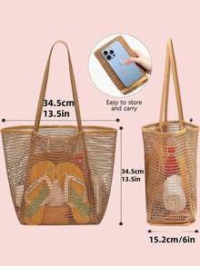 1 件时尚可折叠女士沙滩手提包 - 大容量透明网眼单肩包，带拉链和腕带，耐用牛津布，适合旅行、购物和度假必需品 | 轻巧宽敞的设计，沙滩包 - 彩色 - 查看 3