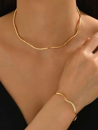 2 件套优雅简约波浪图案颈链手链套装，适合日常佩戴、送礼、派对、庆典、春夏季