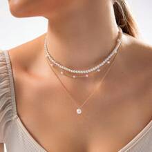 Collar de perlas doradas para mujeres, delicado collar de 3 capas chapado en oro de 18K con perlas falsas en forma de ronda, conjunto de joyería dorada para bodas, regalo para mujeres, regalo del Día de la Madre (2-3 piezas)