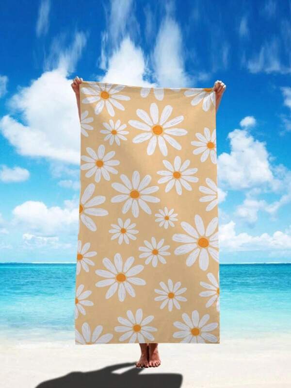 SRH 1pc Daisy Floral Super Soft Beach Towel, 35.4x70.8 Inch Extra Large Size, Quick-Dry And Highly Absorbent, Lightweight And Soft. Cream Color Base With White Daisy Pattern, Rustic And Fresh, Suitable For Women, Graduation, Mother's Day Gift, Beach Essential, Soft Beach Decor, Pool Accessory
