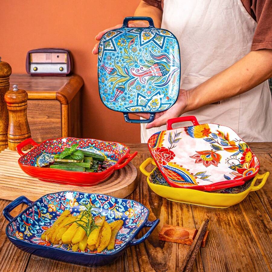 1pc Bohemian Style Ceramic Salad Plate With Dual Handles, Oven & Microwave Friendly Baking Dish For Pasta, Colorful Floral Design Tableware