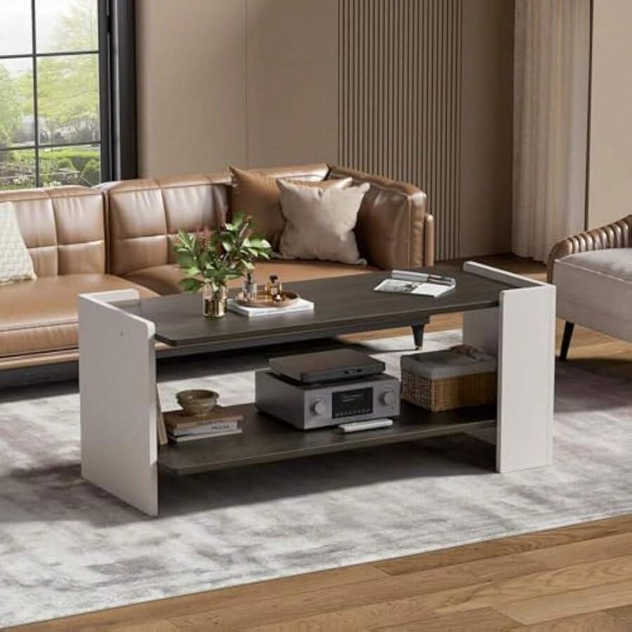 Mesa de centro de 2 niveles con estante de almacenamiento FABATO, mesa de centro rectangular de madera, mesa de centro moderna y simple, mesa auxiliar pequeña para sala de estar, fácil montaje, negro carbón y beige - 1 - Ver 1