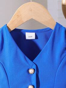 2pcs Young Girl Elegant School Style Top And Pleated Skirt Set, Suitable For Spring/Summer - Blue - View 3