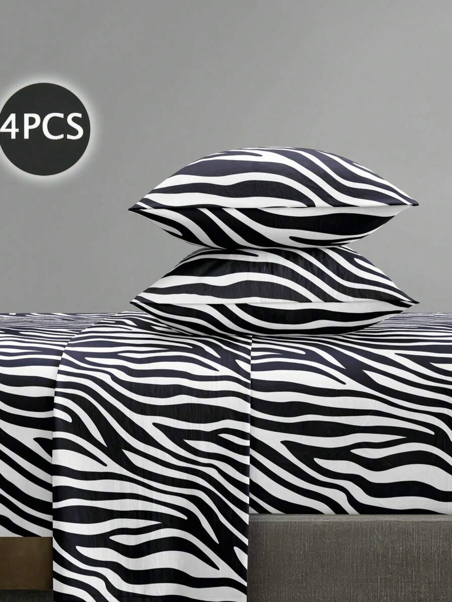 4pcs White Black Zebra Stripe Flower Pattern Sheet Set Easy Care Polyester Microfiber Soft Bedding Set (1pc Flat Sheet+1pc Fitted Sheet+2pcs Pillowcases) Fitted Sheet Set King Queen Full TWIN SIZE Sheet Deep Pocket Up To 11.8 Inch Pillowcase, Soft Breathable Wrinkle-Free Better For Sleep, Luxury Hotel Style, Gift For Mom Dad Friend - Black and White - View 1