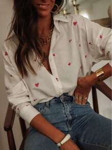 Blusa elegante de mujer con encaje bordado francés - Camisa de manga abullonada y transparente con botones delanteros, cuello de volantes, apta para ropa de primavera y verano