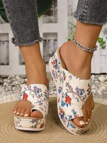 Sandali da donna alla moda con stampa floreale, scivolo, suola spessa, zeppa, comodi per l'estate e la spiaggia