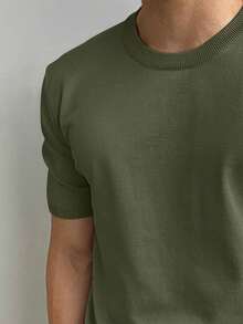 男士休闲纯色短袖套头针织上衣，春夏 - 軍綠色 - 查看 4