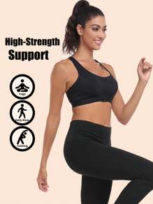 1 pièce Soutien-gorge de sport classique pour femme, couleur unie sexy, tricoté, fermeture métallique devant, confortable sans fil avec un soutien à fort impact, absorbant la transpiration, adapté pour toutes les saisons