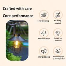 1 Stück Solar betriebene Retro Wolfrram Lampe Laterne, Vintage Stil Pendelleuchte mit schwarzem Metallrahmen und klarem Glas, hochwertig für Garten, Hof, Balkon und Outdoor Dekoration