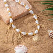 1 pieza Collar para mujer con cuentas de perla y conchas y estrellas de mar en estilo francés con elementos marinos